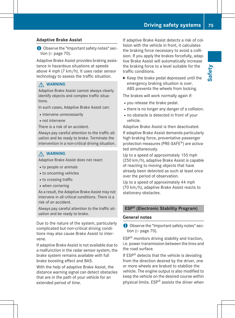 Sa fet y, Driving safety systems | Mercedes-Benz CLS-Class 2015 User Manual | Page 77 / 398