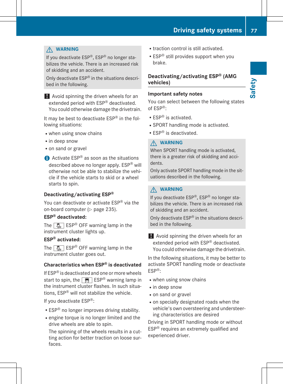 Safety, Driving safety systems | Mercedes-Benz CLS-Class 2015 User Manual | Page 79 / 398