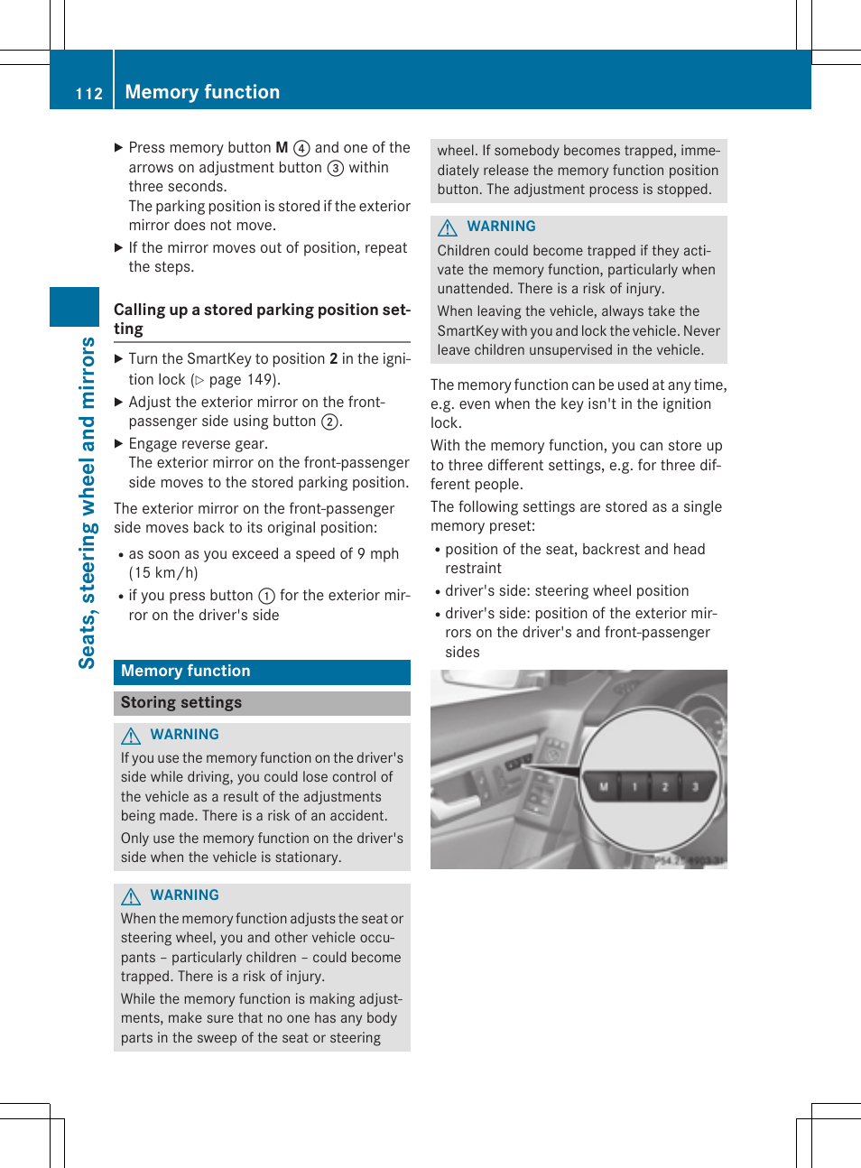 Seat s, steer ing wheel and mir ror s | Mercedes-Benz GLK-Class 2015 Owners Manual User Manual | Page 114 / 386