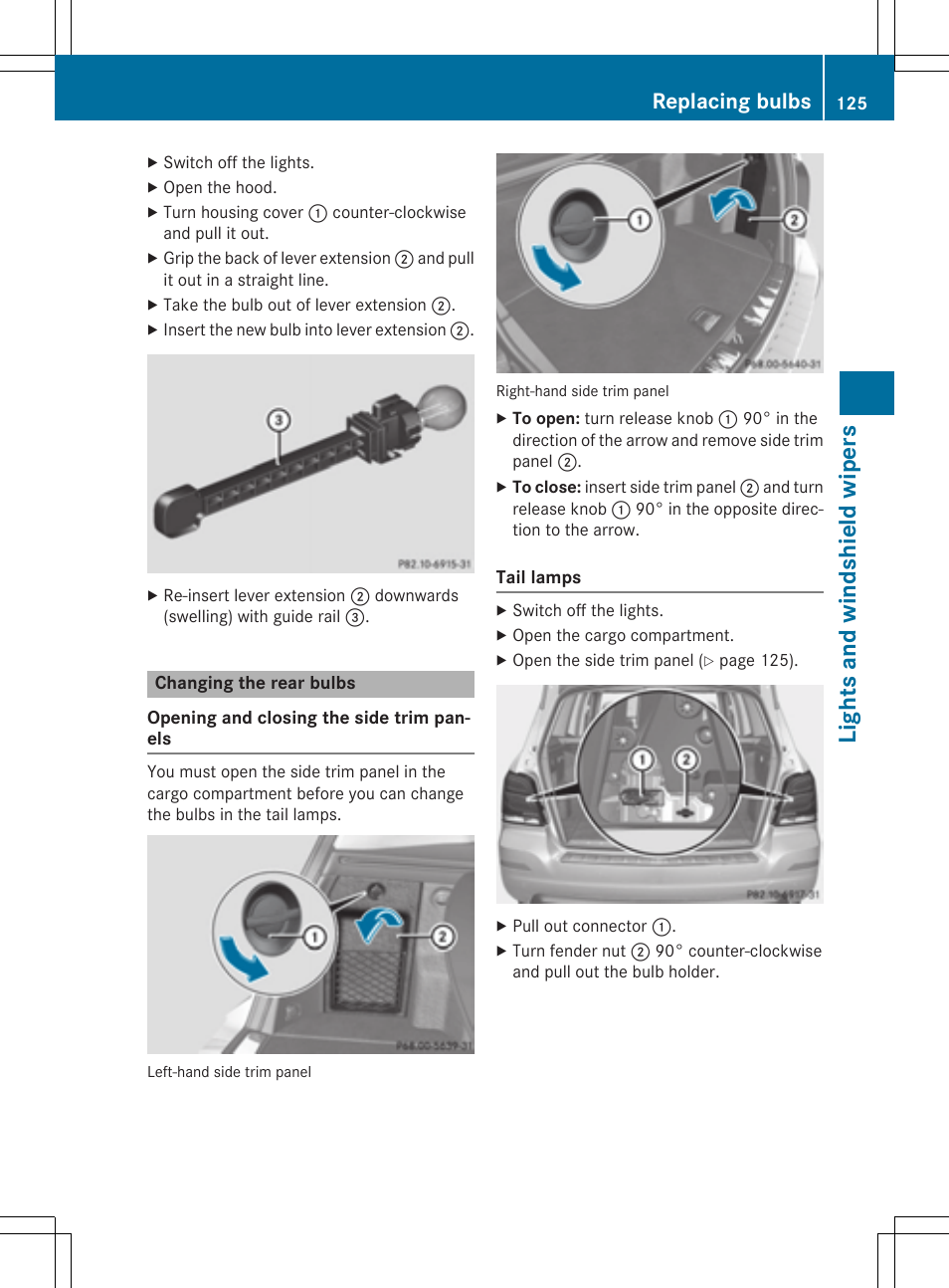 Li ghts and wi ndsh ie ld wi pers, Replacing bulbs | Mercedes-Benz GLK-Class 2015 Owners Manual User Manual | Page 127 / 386