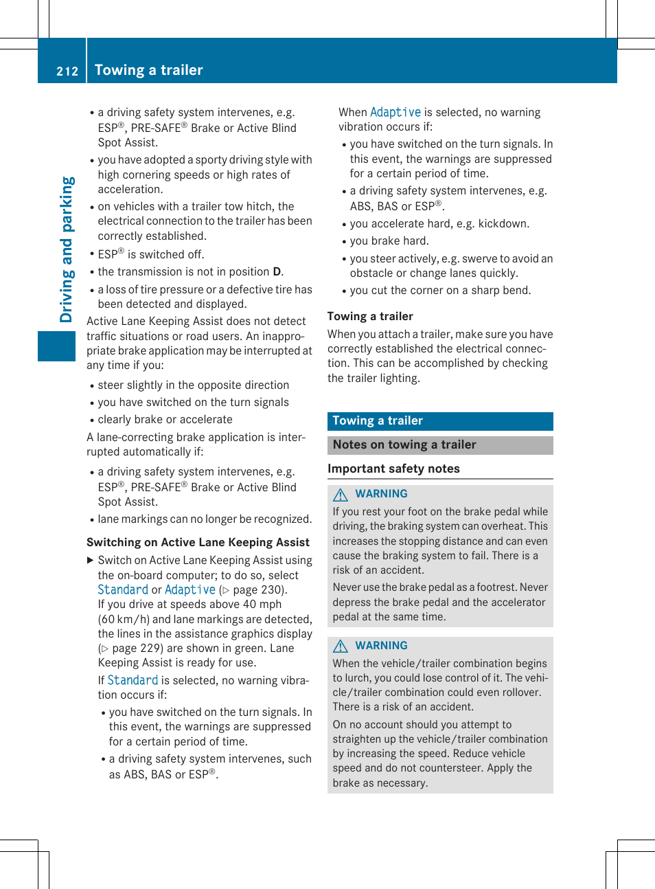 Driv ing and pa rk ing, Towing a trailer | Mercedes-Benz GLK-Class 2015 Owners Manual User Manual | Page 214 / 386