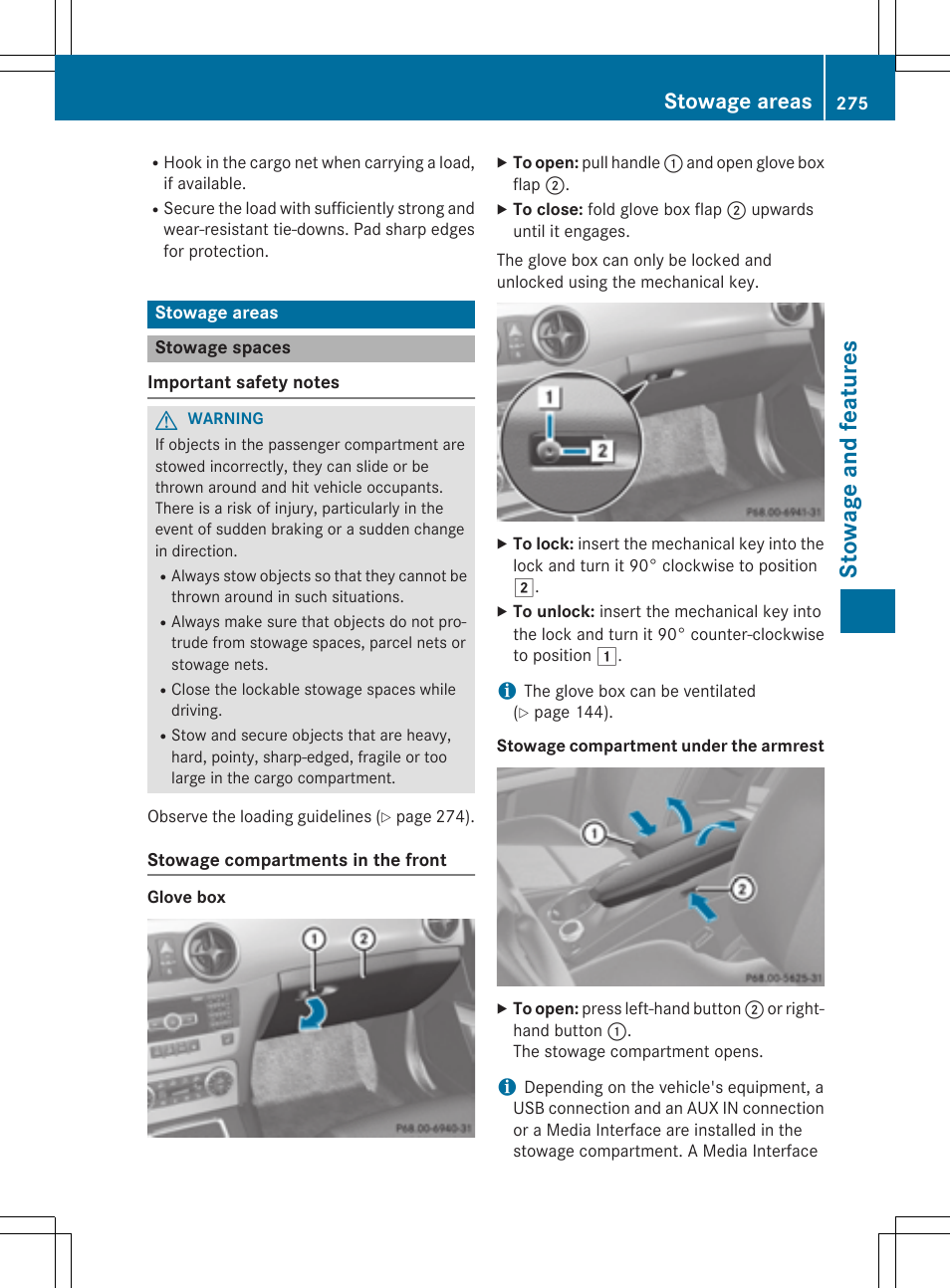 Stow age and features, Stowage areas | Mercedes-Benz GLK-Class 2015 Owners Manual User Manual | Page 277 / 386