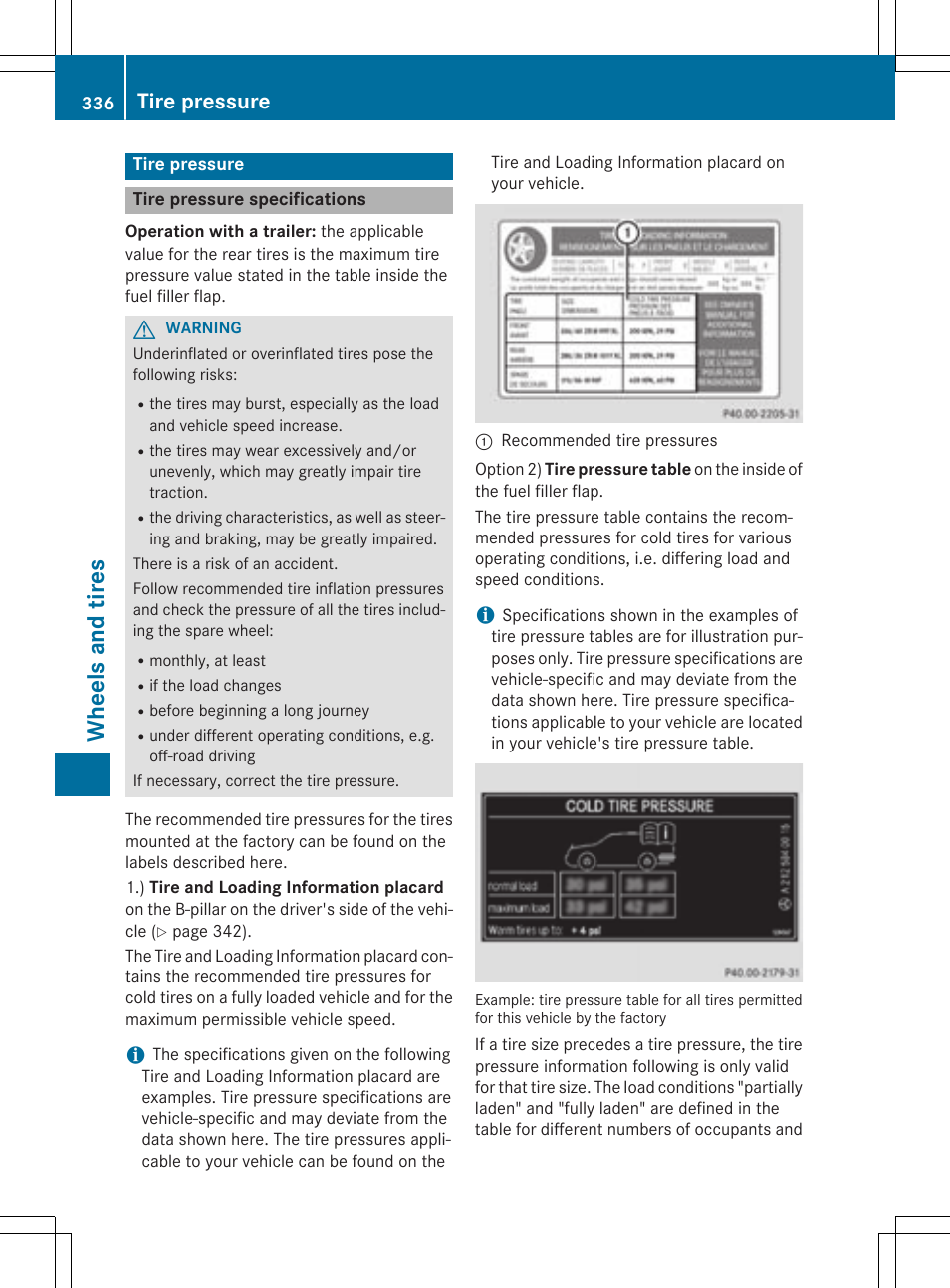 Whe el s and tire s, Tire pressure | Mercedes-Benz GLK-Class 2015 Owners Manual User Manual | Page 338 / 386