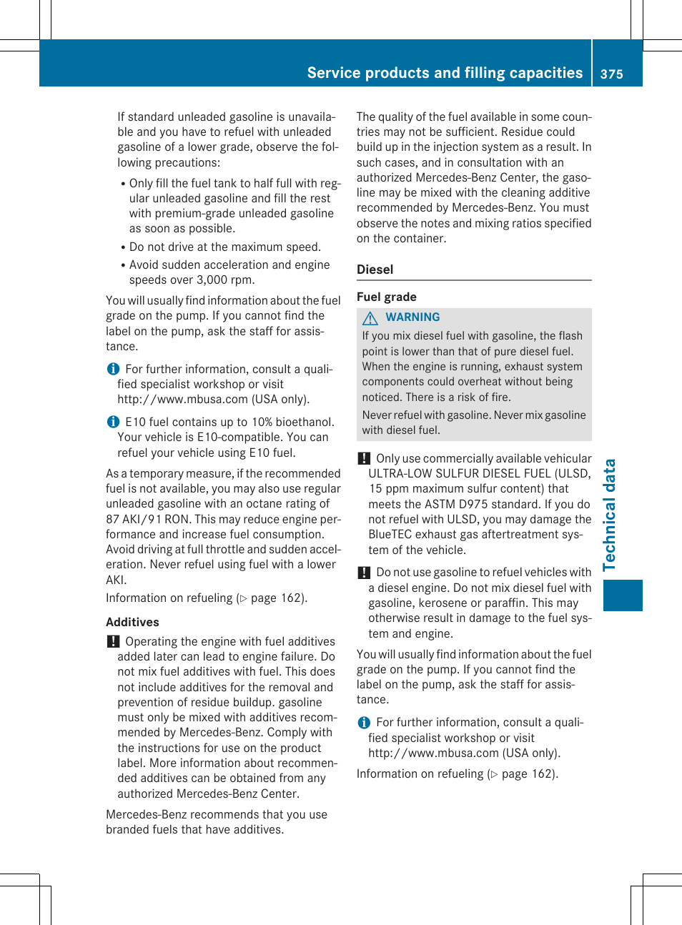 Technical data, Service products and filling capacities | Mercedes-Benz GLK-Class 2015 Owners Manual User Manual | Page 377 / 386