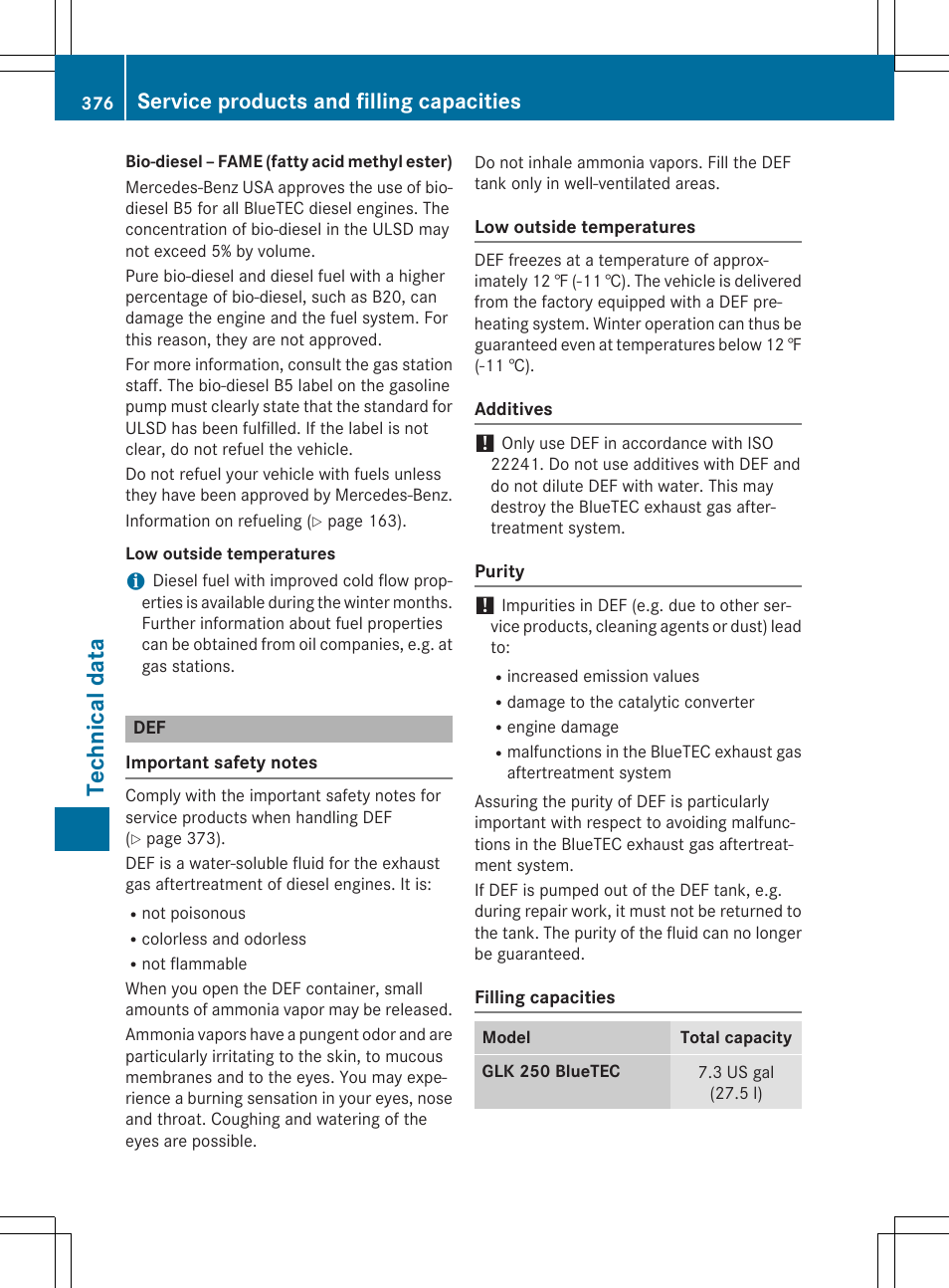 Tec hni ca ldata, Service products and filling capacities | Mercedes-Benz GLK-Class 2015 Owners Manual User Manual | Page 378 / 386