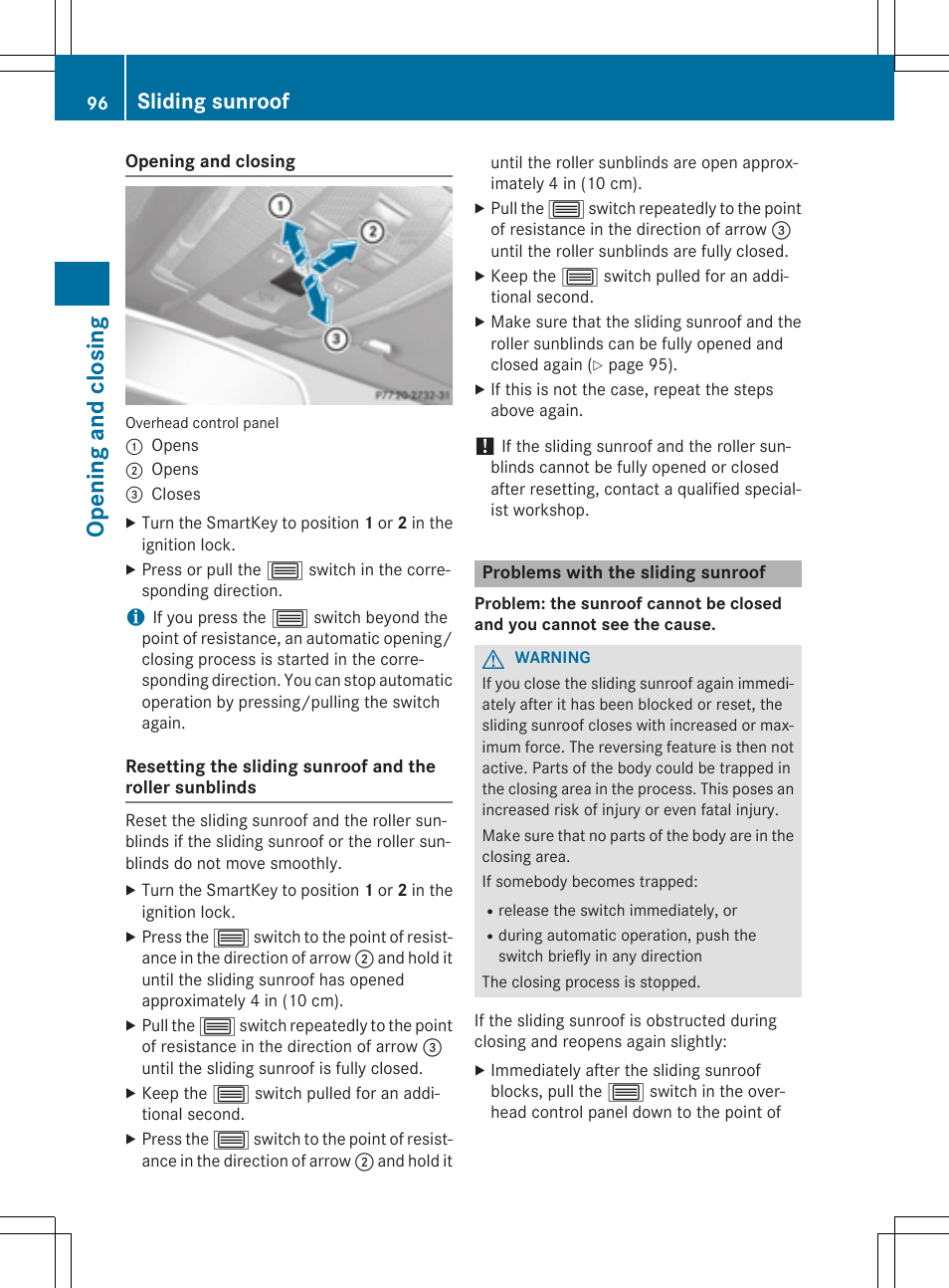 Opening and closi ng, Sliding sunroof | Mercedes-Benz GLK-Class 2015 Owners Manual User Manual | Page 98 / 386