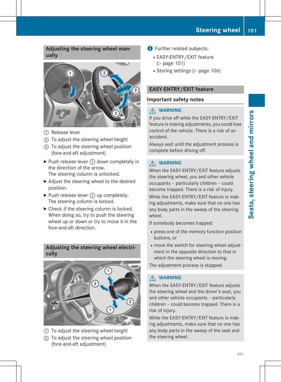 Sea ts ,ste er ing wheel and mirro rs, Steering wheel | Mercedes-Benz SLK-Class 2015 Owners Manual User Manual | Page 103 / 358