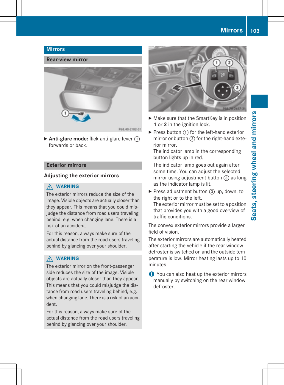 Seats, steering wheel and mirrors, Mirrors | Mercedes-Benz SLK-Class 2015 Owners Manual User Manual | Page 105 / 358