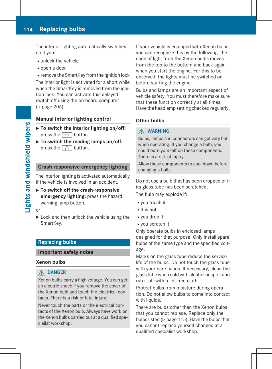 Lights and windshield wipers, Replacing bulbs | Mercedes-Benz SLK-Class 2015 Owners Manual User Manual | Page 116 / 358