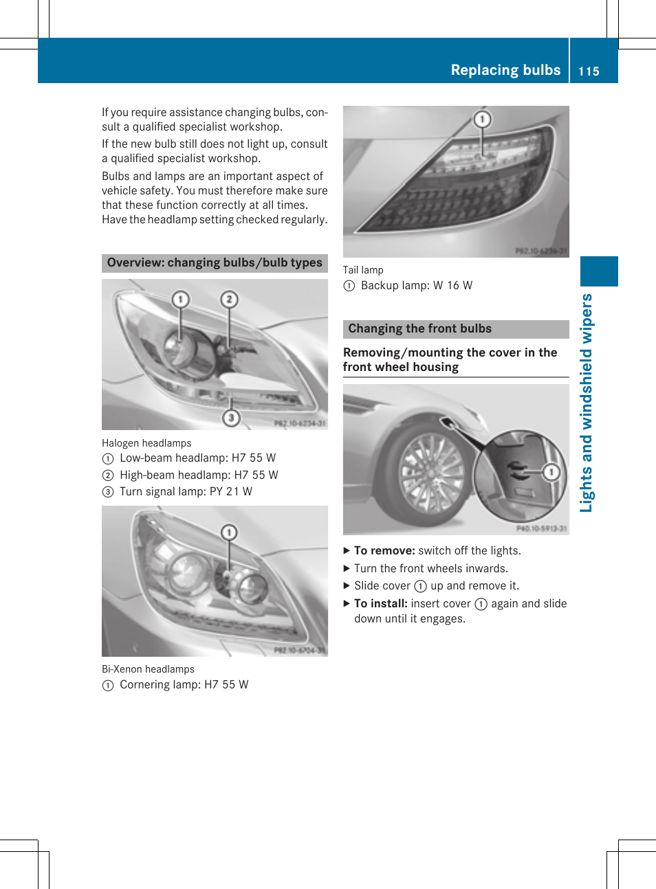 Lights and windshield wipers, Replacing bulbs | Mercedes-Benz SLK-Class 2015 Owners Manual User Manual | Page 117 / 358