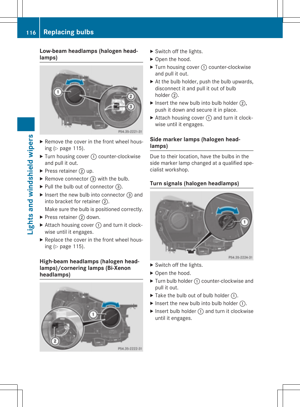 Light s and windsh ield wiper s, Replacing bulbs | Mercedes-Benz SLK-Class 2015 Owners Manual User Manual | Page 118 / 358