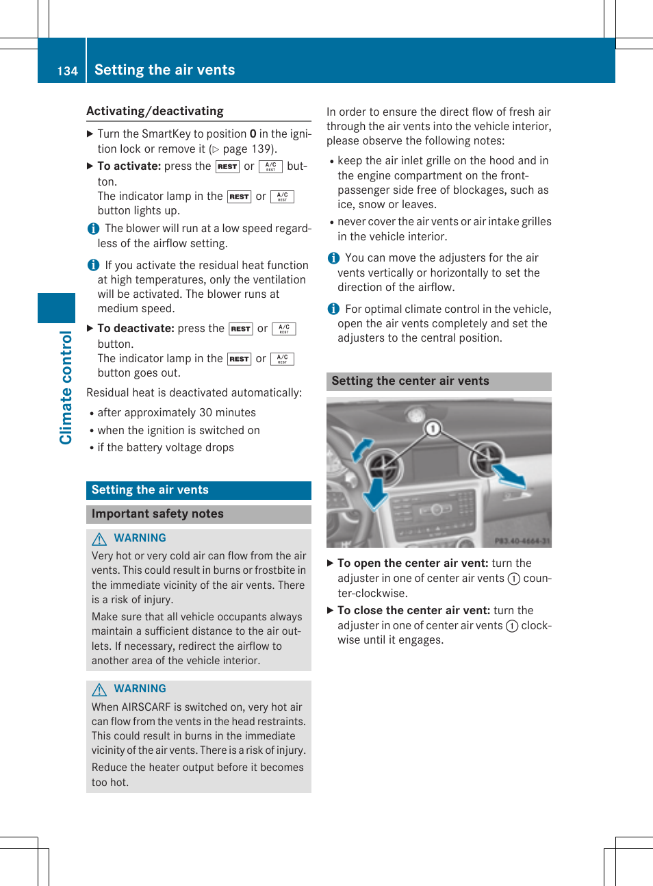 Clim at e cont ro l, Setting the air vents | Mercedes-Benz SLK-Class 2015 Owners Manual User Manual | Page 136 / 358
