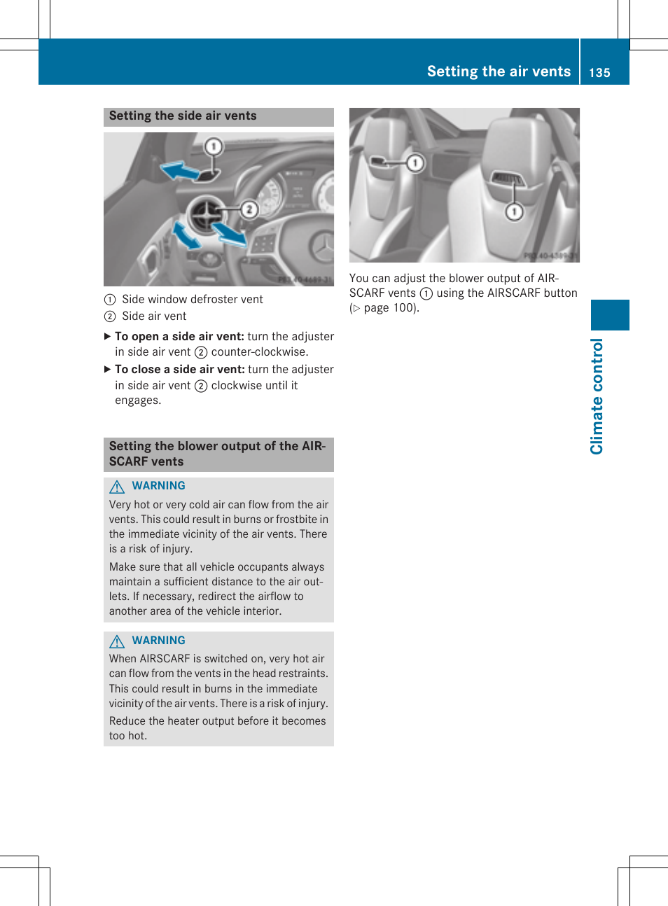 Climate control, Setting the air vents | Mercedes-Benz SLK-Class 2015 Owners Manual User Manual | Page 137 / 358