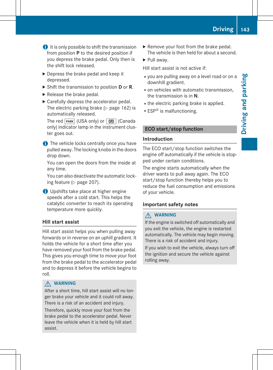 Driving and parking, Driving | Mercedes-Benz SLK-Class 2015 Owners Manual User Manual | Page 145 / 358