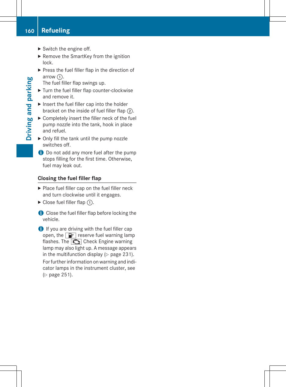 Dri vi ng and parkin g, Refueling | Mercedes-Benz SLK-Class 2015 Owners Manual User Manual | Page 162 / 358