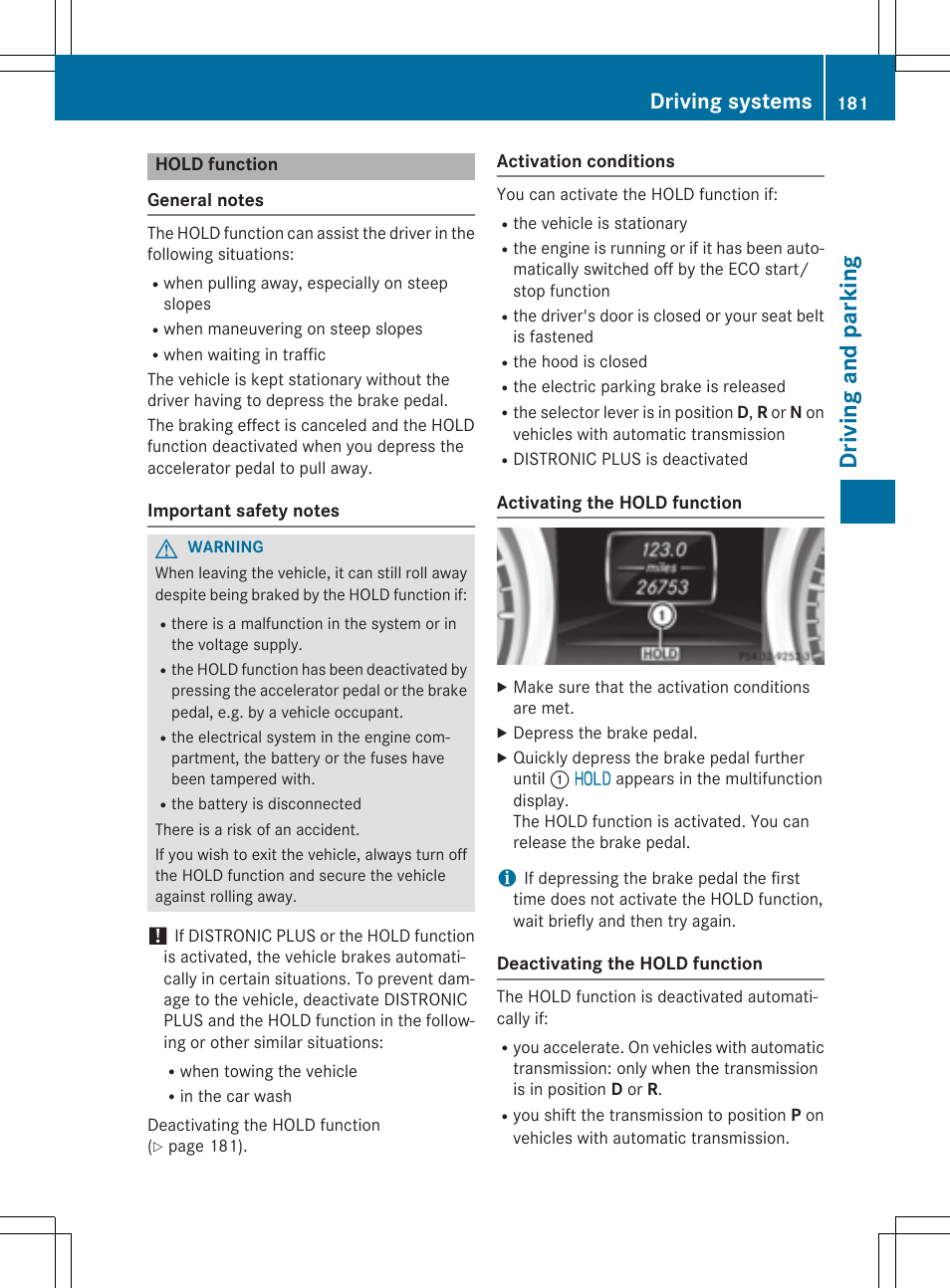 Driving and parking, Driving systems | Mercedes-Benz SLK-Class 2015 Owners Manual User Manual | Page 183 / 358