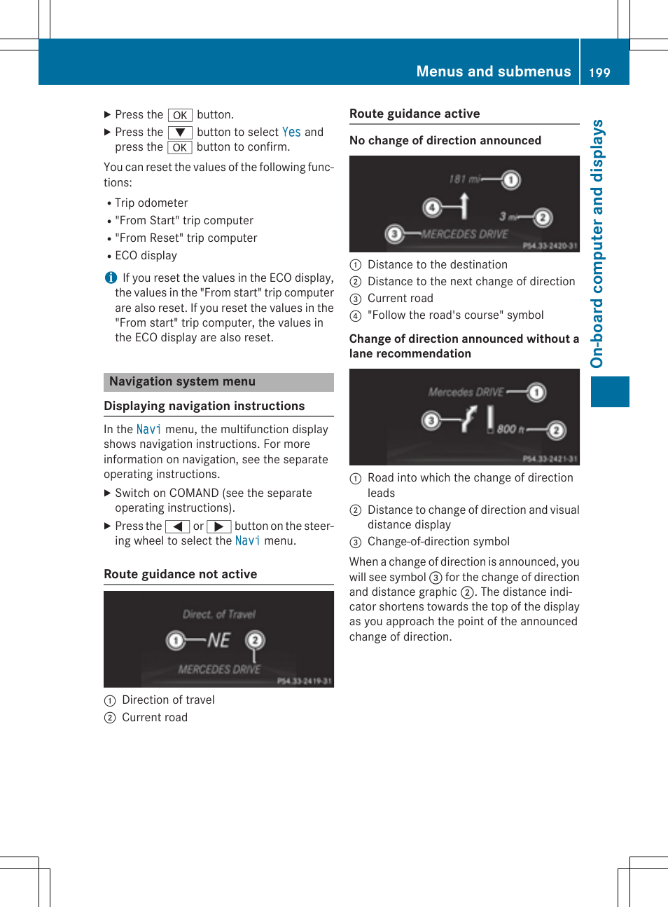 On-board comput er and display s, Menus and submenus | Mercedes-Benz SLK-Class 2015 Owners Manual User Manual | Page 201 / 358