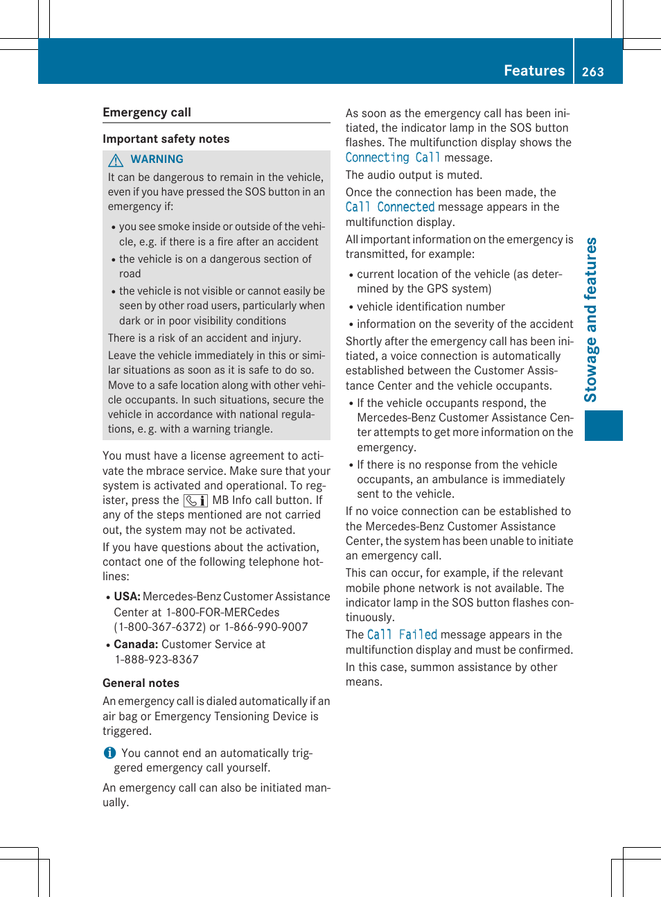 Stowage and features, Features | Mercedes-Benz SLK-Class 2015 Owners Manual User Manual | Page 265 / 358