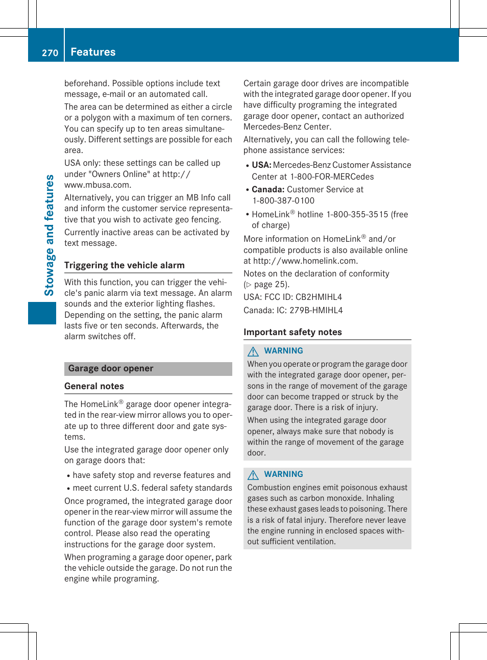 Stowage and feat ures, Features | Mercedes-Benz SLK-Class 2015 Owners Manual User Manual | Page 272 / 358