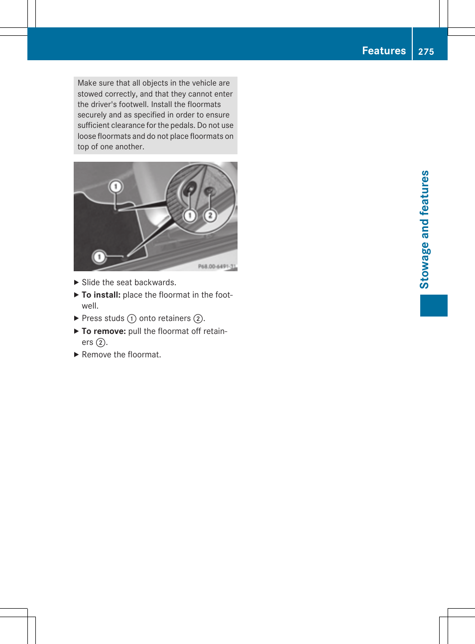 Stowage and features, Features | Mercedes-Benz SLK-Class 2015 Owners Manual User Manual | Page 277 / 358