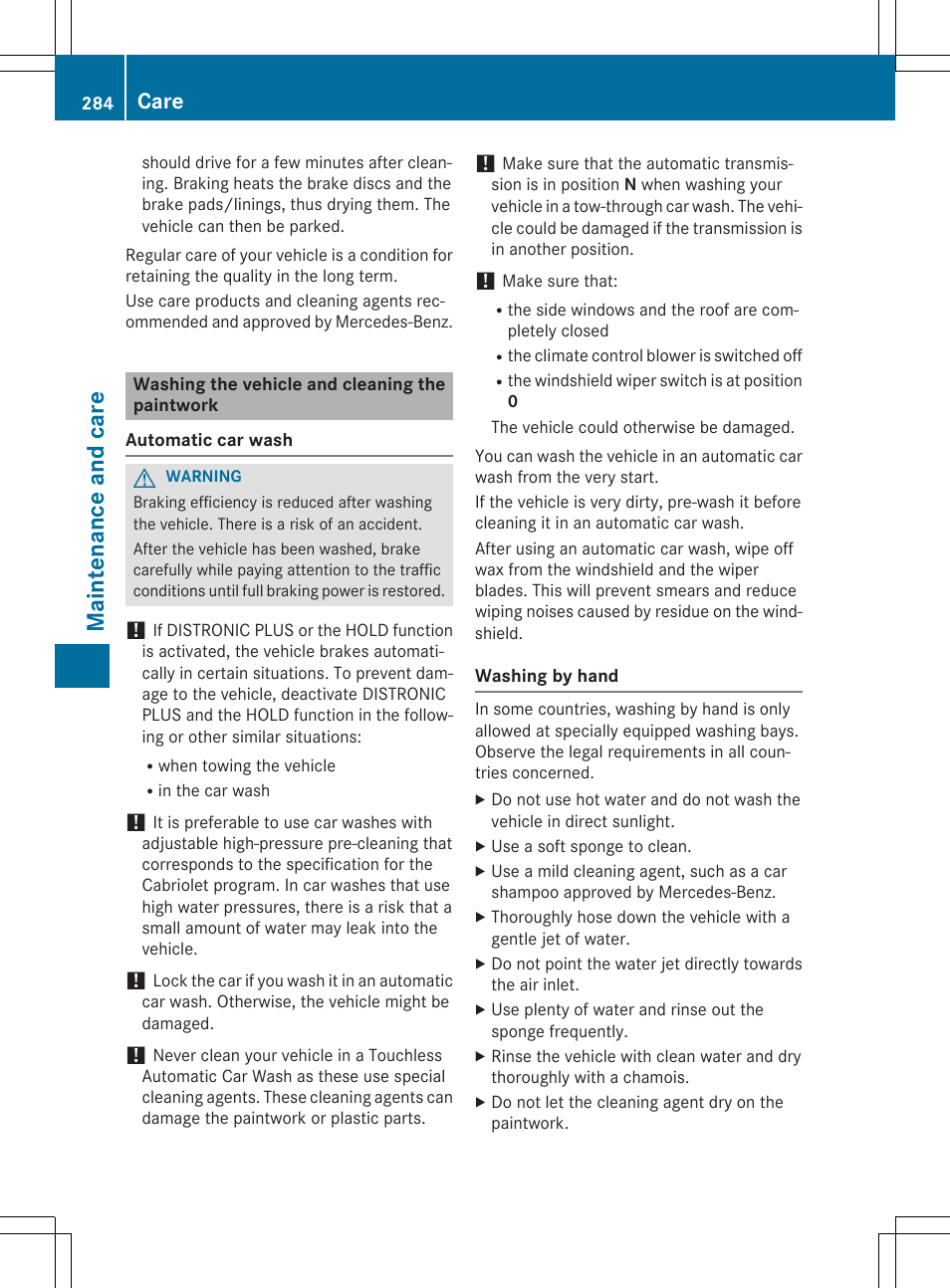 Maintenance and care, Care | Mercedes-Benz SLK-Class 2015 Owners Manual User Manual | Page 286 / 358