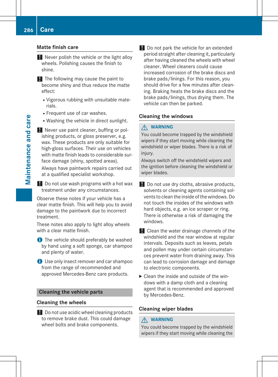 Mainten ance and care, Care | Mercedes-Benz SLK-Class 2015 Owners Manual User Manual | Page 288 / 358