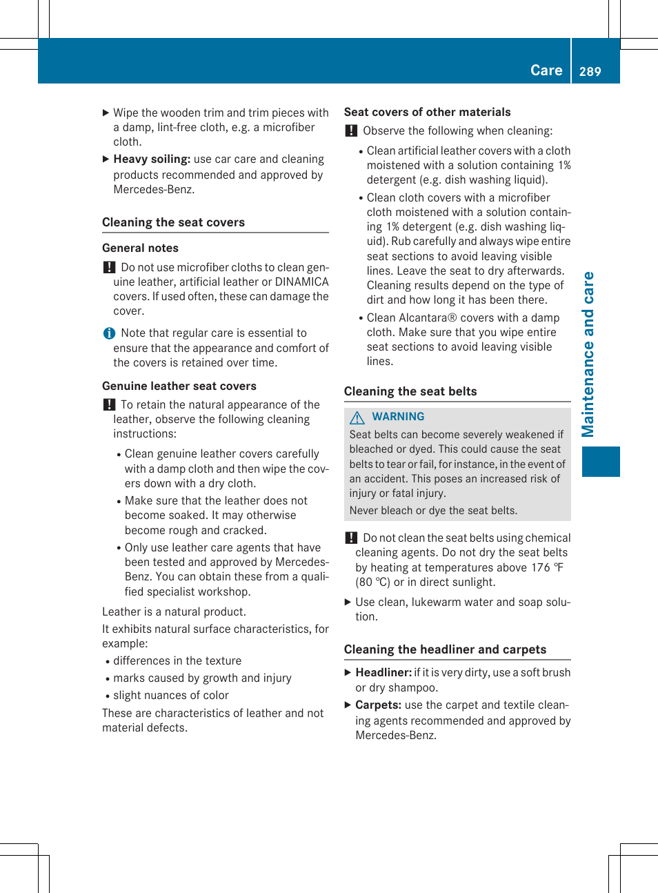 Maint enance and care, Care | Mercedes-Benz SLK-Class 2015 Owners Manual User Manual | Page 291 / 358