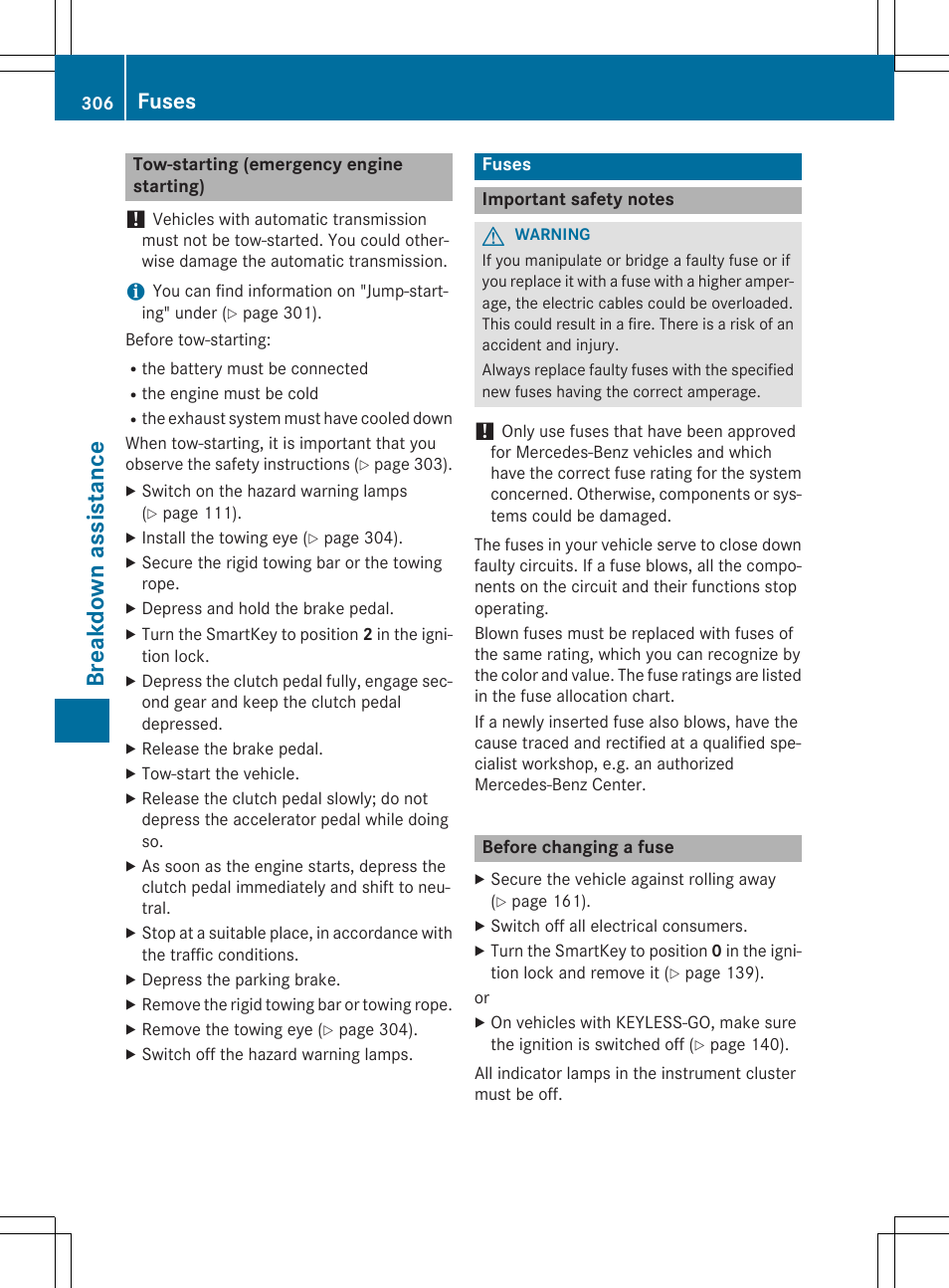 Break dow n ass is tanc e, Fuses | Mercedes-Benz SLK-Class 2015 Owners Manual User Manual | Page 308 / 358