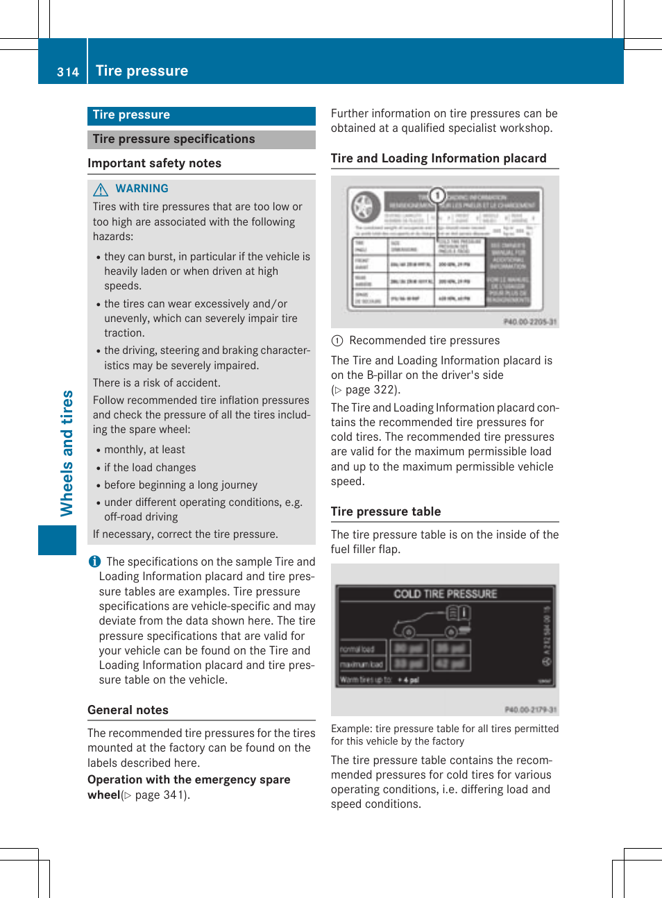 Whe el s and tire s, Tire pressure | Mercedes-Benz SLK-Class 2015 Owners Manual User Manual | Page 316 / 358