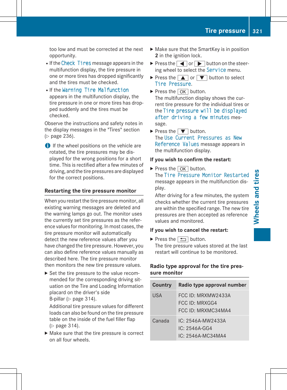 Whe el s and tire s, Tire pressure | Mercedes-Benz SLK-Class 2015 Owners Manual User Manual | Page 323 / 358