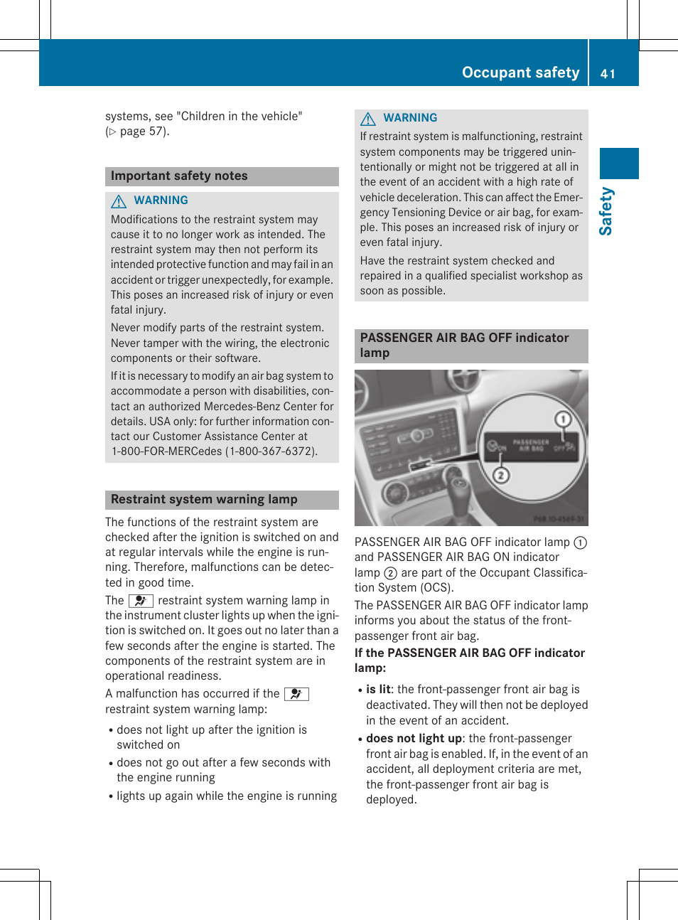 Safety, Occupant safety | Mercedes-Benz SLK-Class 2015 Owners Manual User Manual | Page 43 / 358