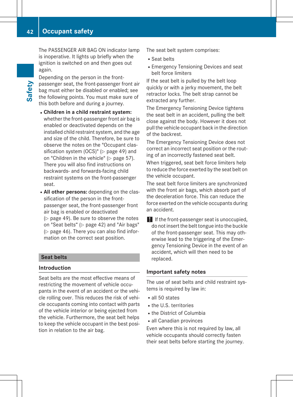 Safety, Occupant safety | Mercedes-Benz SLK-Class 2015 Owners Manual User Manual | Page 44 / 358