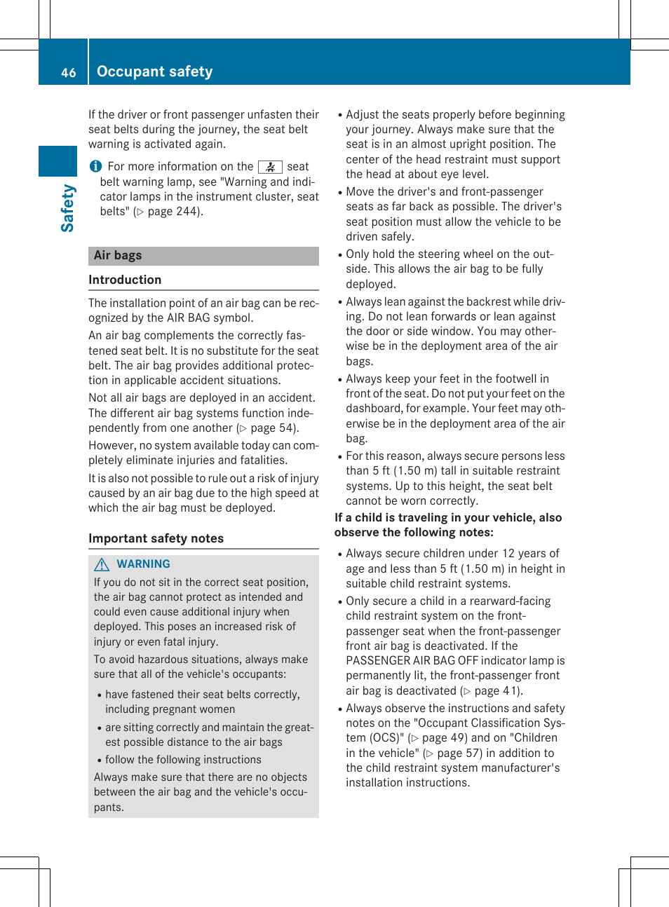Saf ety, Occupant safety | Mercedes-Benz SLK-Class 2015 Owners Manual User Manual | Page 48 / 358