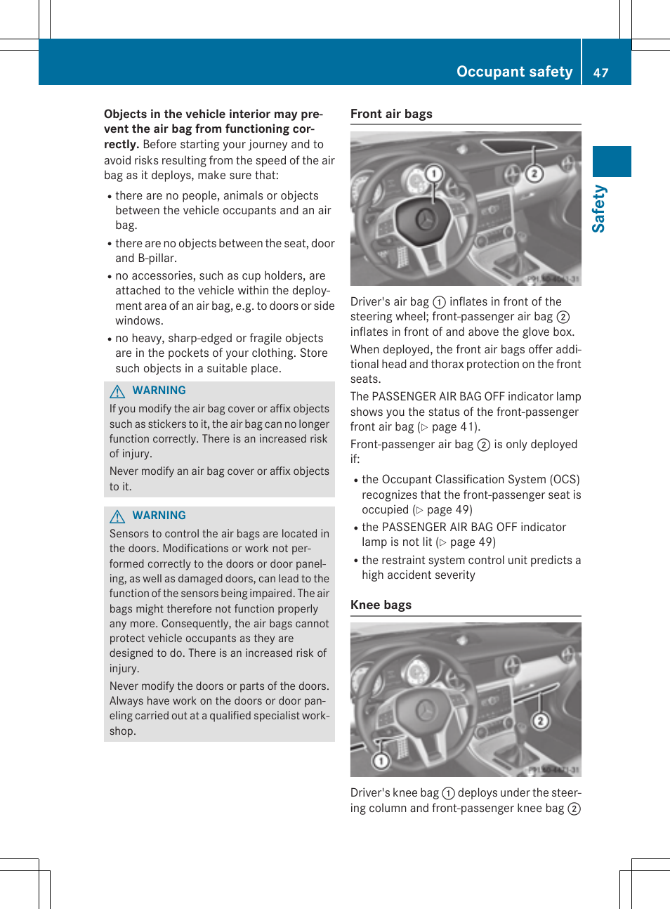 Safet y, Occupant safety | Mercedes-Benz SLK-Class 2015 Owners Manual User Manual | Page 49 / 358