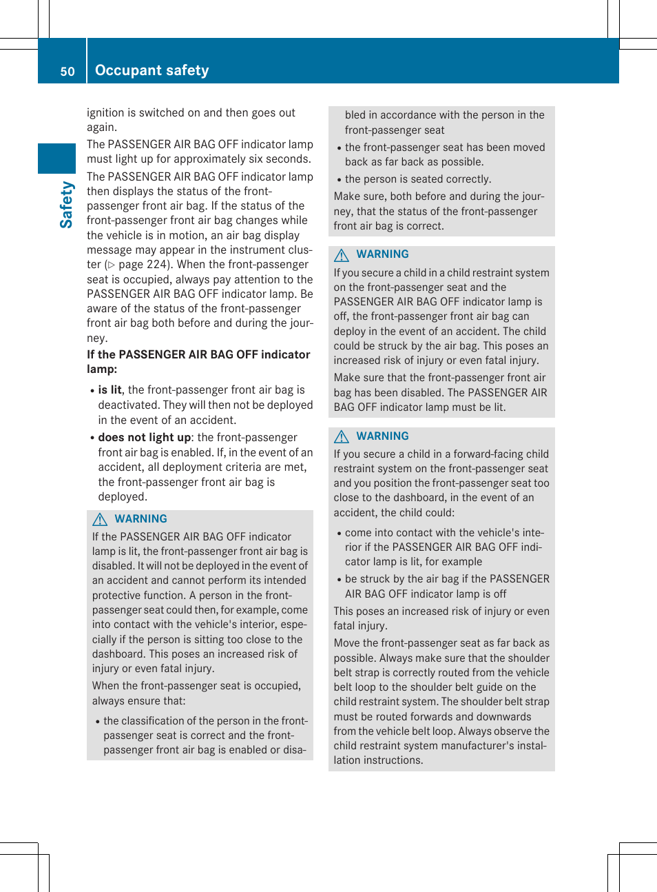 Saf ety, Occupant safety | Mercedes-Benz SLK-Class 2015 Owners Manual User Manual | Page 52 / 358