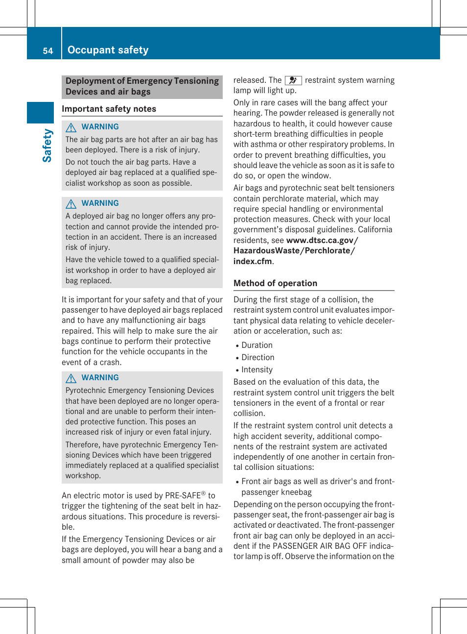 Sa fet y, Occupant safety | Mercedes-Benz SLK-Class 2015 Owners Manual User Manual | Page 56 / 358