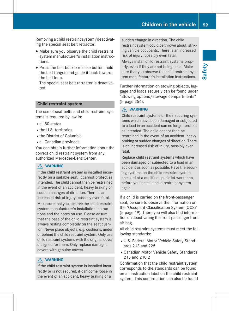 Sa fet y, Children in the vehicle | Mercedes-Benz SLK-Class 2015 Owners Manual User Manual | Page 61 / 358