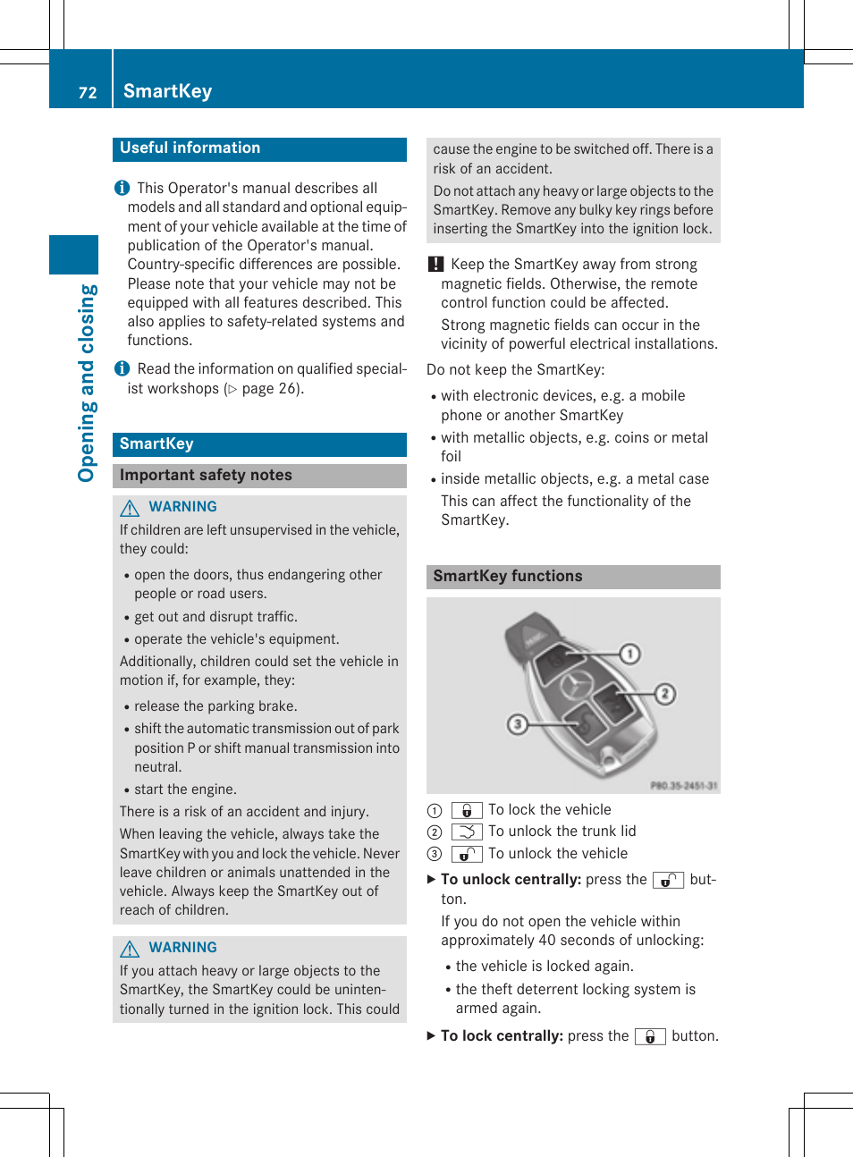 Opening and closing, Smartkey | Mercedes-Benz SLK-Class 2015 Owners Manual User Manual | Page 74 / 358