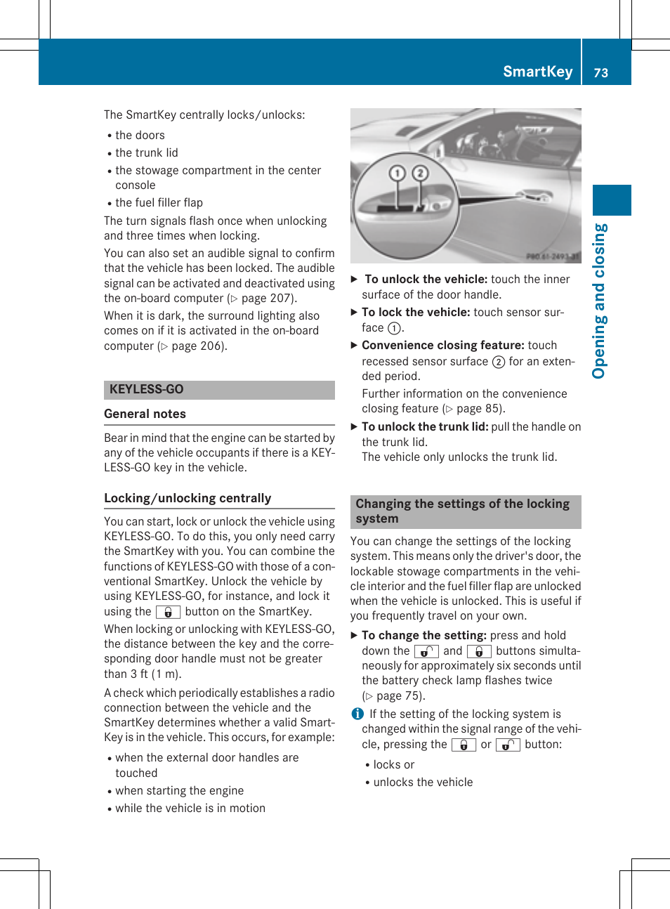 Opening and closing, Smartkey | Mercedes-Benz SLK-Class 2015 Owners Manual User Manual | Page 75 / 358