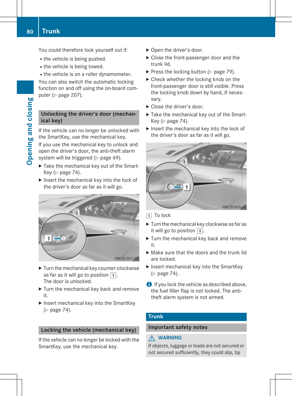 Opening and closing, Trunk | Mercedes-Benz SLK-Class 2015 Owners Manual User Manual | Page 82 / 358