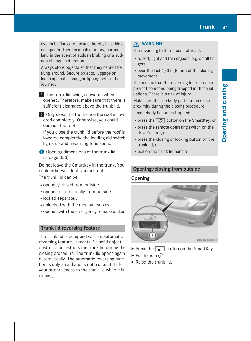 Opening and closing, Trunk | Mercedes-Benz SLK-Class 2015 Owners Manual User Manual | Page 83 / 358