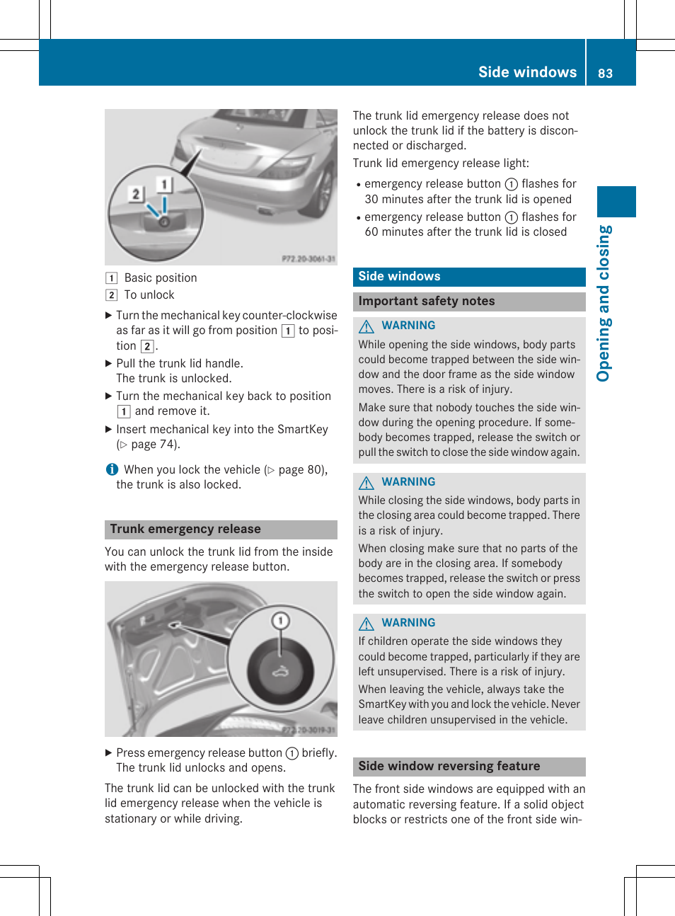 Ope ning and closing, Side windows | Mercedes-Benz SLK-Class 2015 Owners Manual User Manual | Page 85 / 358