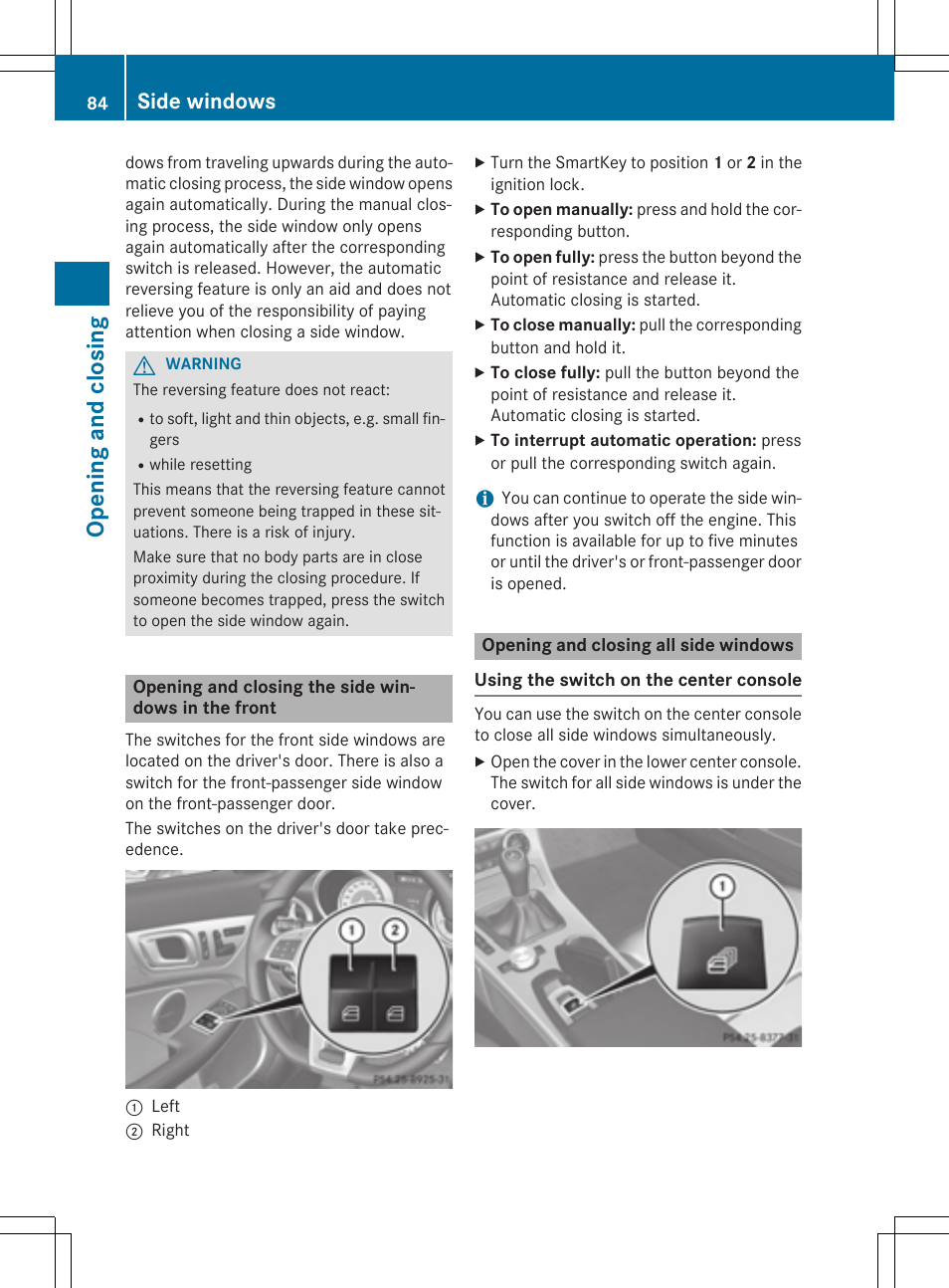 Opening and closing, Side windows | Mercedes-Benz SLK-Class 2015 Owners Manual User Manual | Page 86 / 358