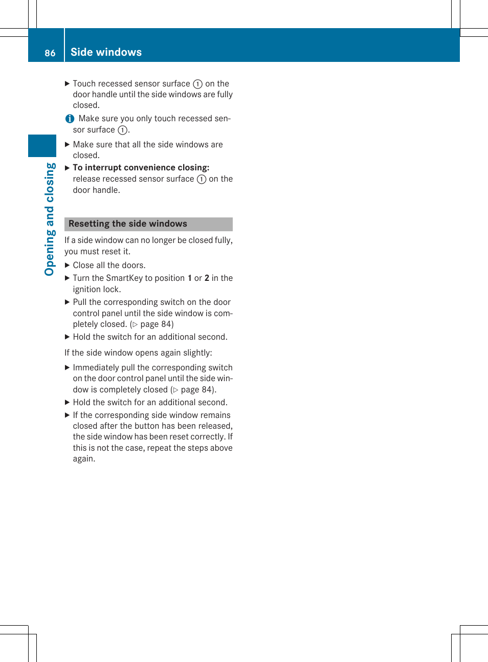 Opening and closing, Side windows | Mercedes-Benz SLK-Class 2015 Owners Manual User Manual | Page 88 / 358