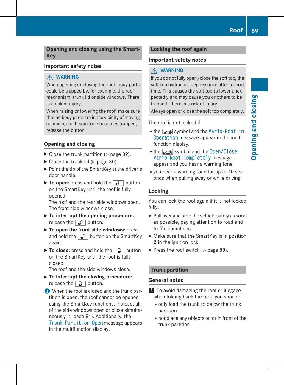 Opening and closi ng, Roof | Mercedes-Benz SLK-Class 2015 Owners Manual User Manual | Page 91 / 358
