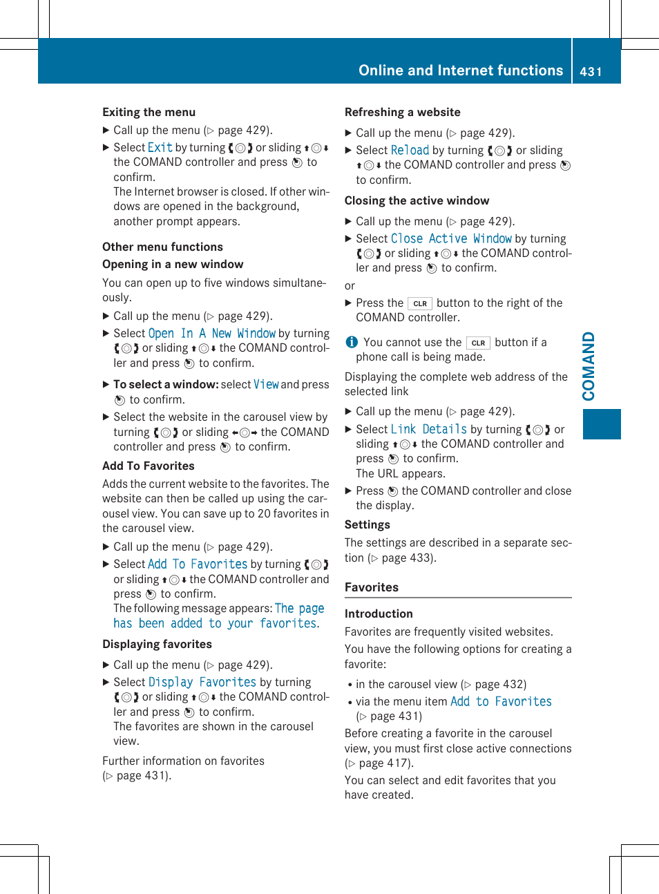 Coman d, Online and internet functions | Mercedes-Benz SL-Class 2015 User Manual | Page 433 / 610