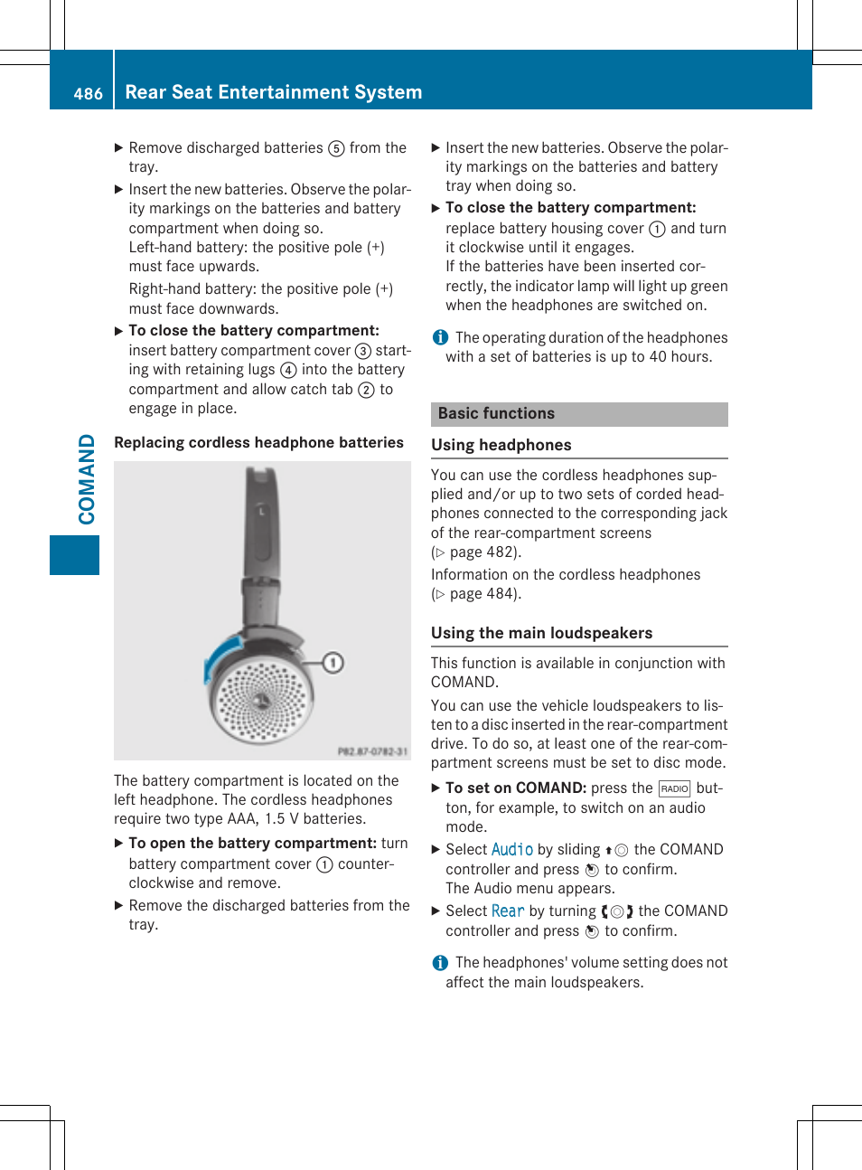 Coman d, Rear seat entertainment system | Mercedes-Benz SL-Class 2015 User Manual | Page 488 / 610