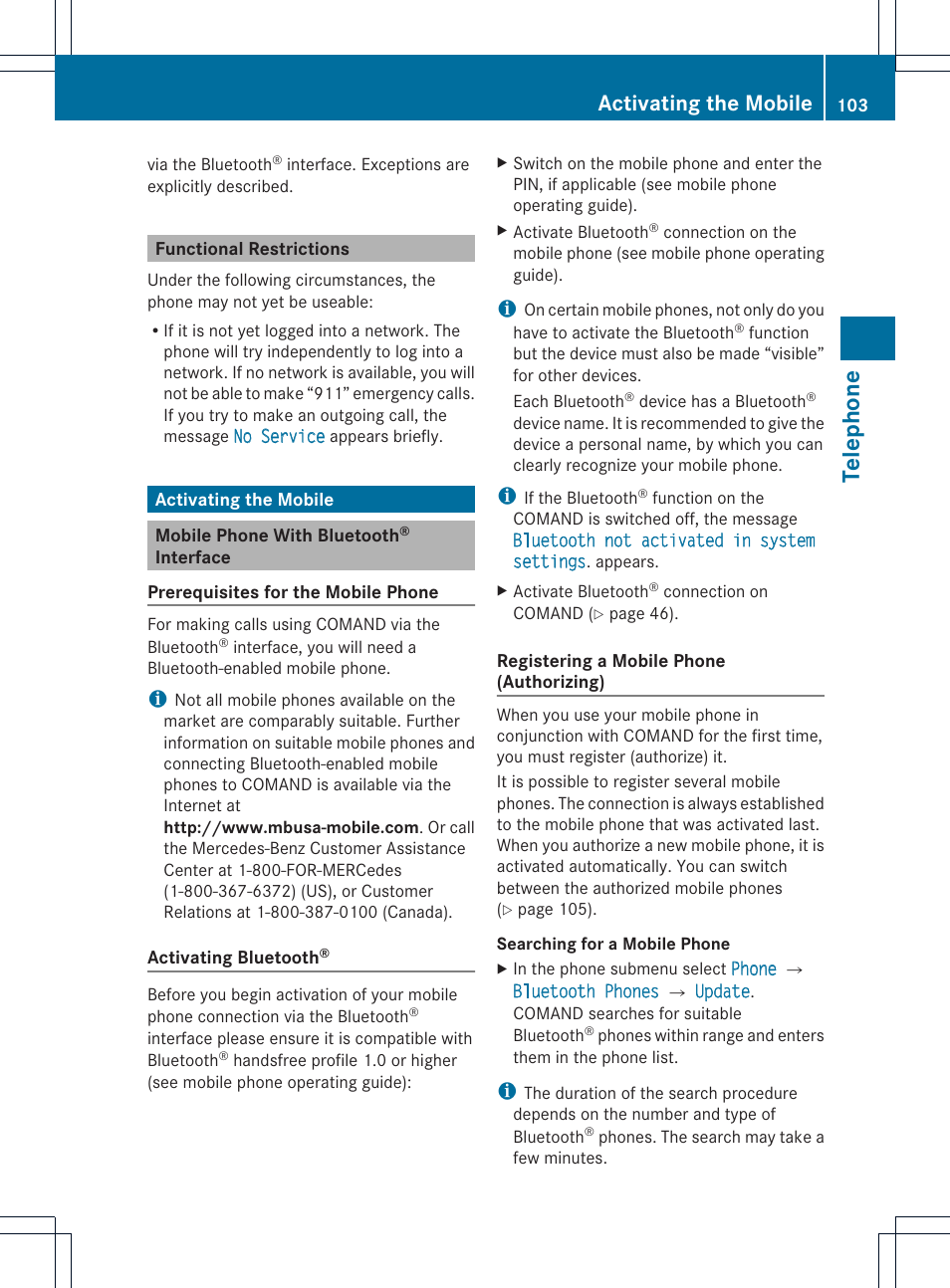 Telep hone, Activating the mobile | Mercedes-Benz SLS-Class 2015 COMAND Manual User Manual | Page 105 / 202