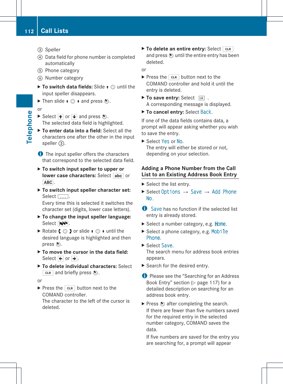Telephone, Call lists | Mercedes-Benz SLS-Class 2015 COMAND Manual User Manual | Page 114 / 202
