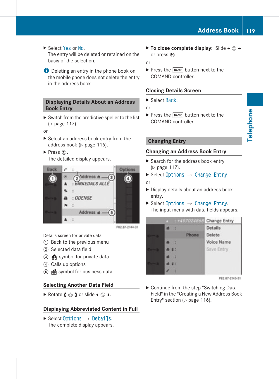 Telephone, Address book | Mercedes-Benz SLS-Class 2015 COMAND Manual User Manual | Page 121 / 202